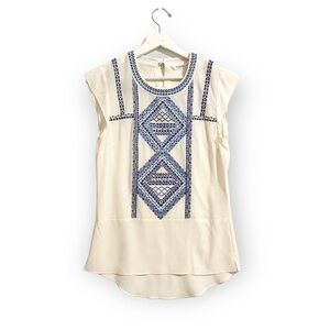NWT‎ Veronica Beard White Silk Embroidered Baja Flutter Top, Size 0